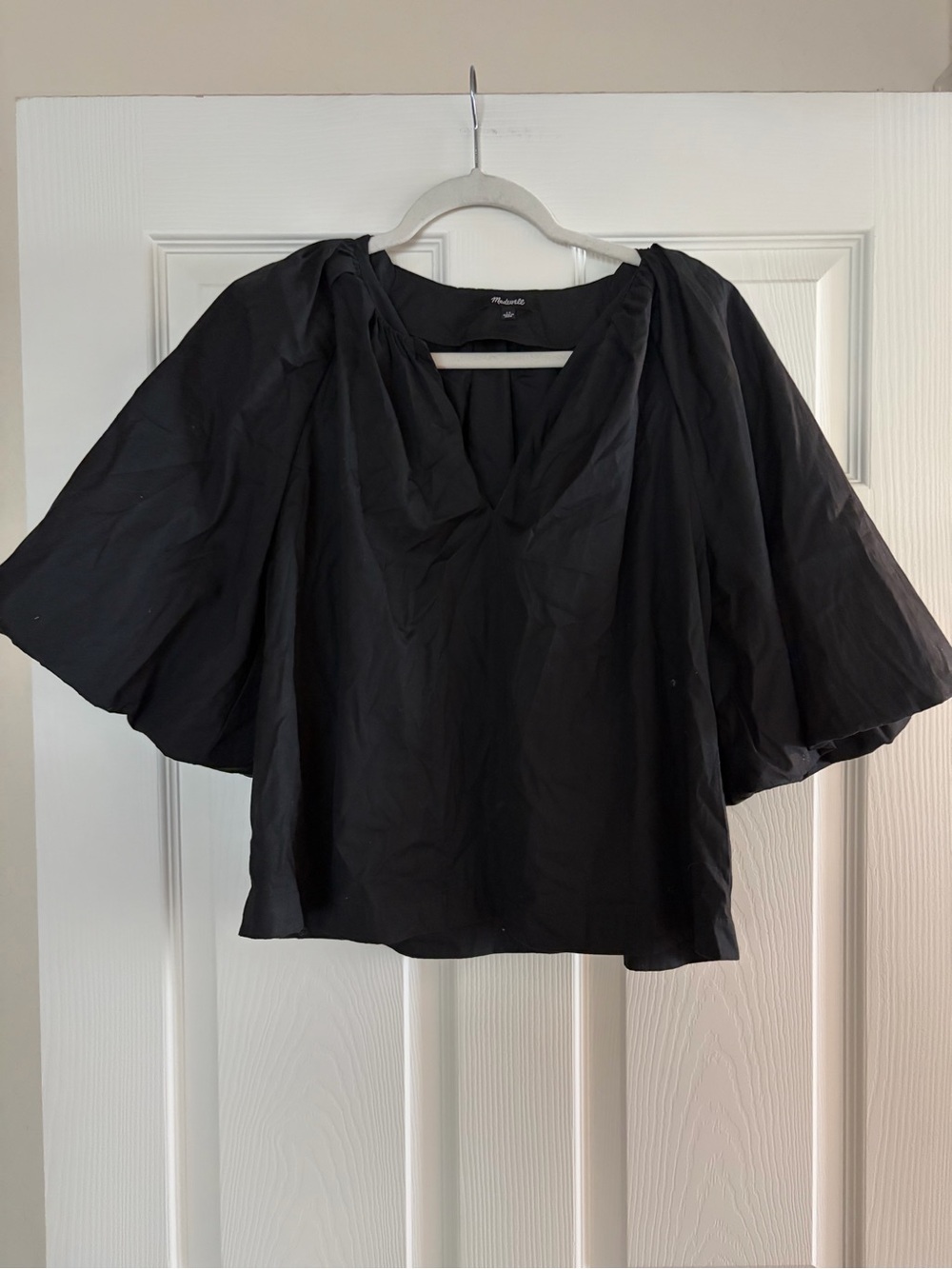 Madewell Women Black Cotton Boho Casual Retro Bell Sleeve V-neck Blouse Size 14